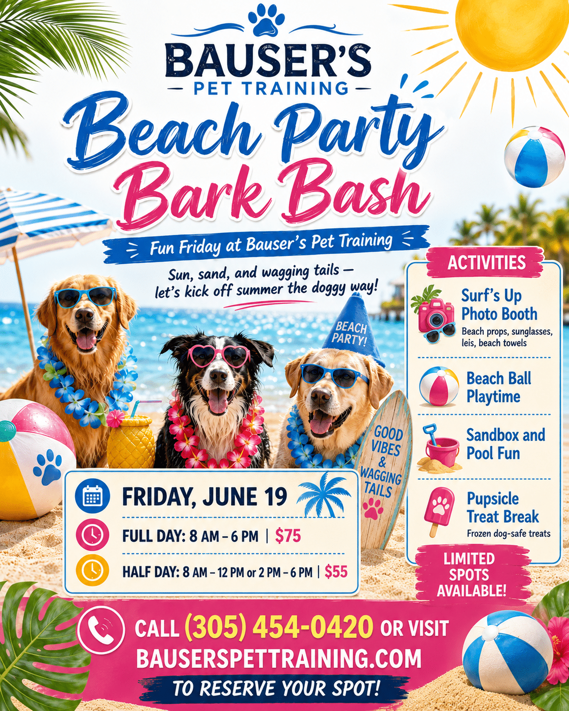 Fun Friday beach party flyer with three dogs wearing sunglasses and leis