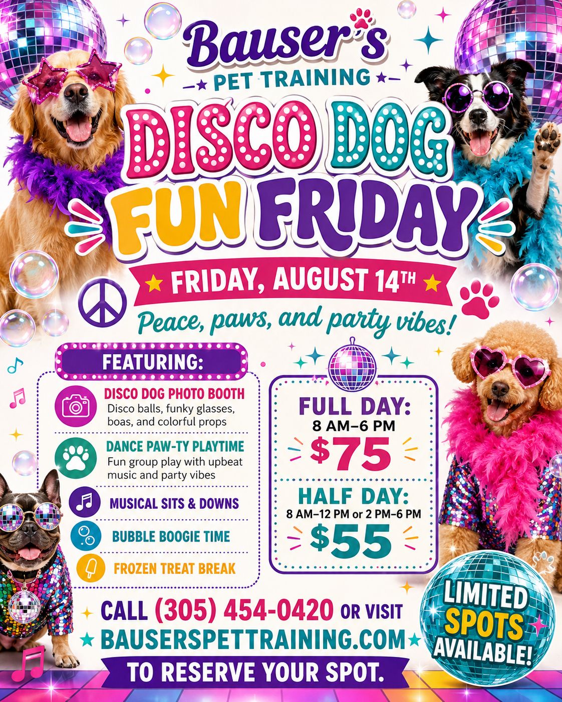 Fun Friday beach party flyer with three dogs wearing sunglasses and leis
